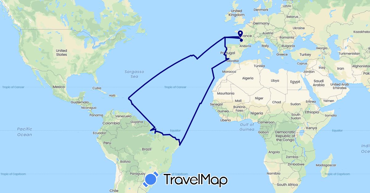 TravelMap itinerary: driving in Barbados, Brazil, Cape Verde, Spain, France, Netherlands, Portugal (Africa, Europe, North America, South America)